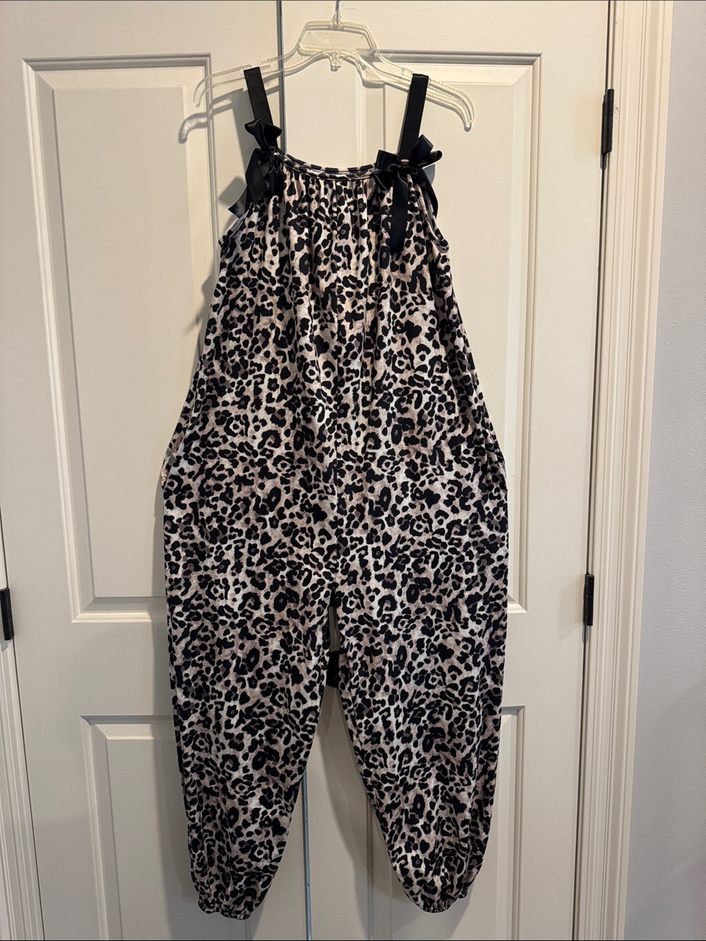 Leopard Print Jumpsuit with Black Ribbon Straps
